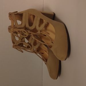 Unisa Suede Top Lace Back Zipper Tan Oval Toe Ankle Heels - Women's U.S. 6M